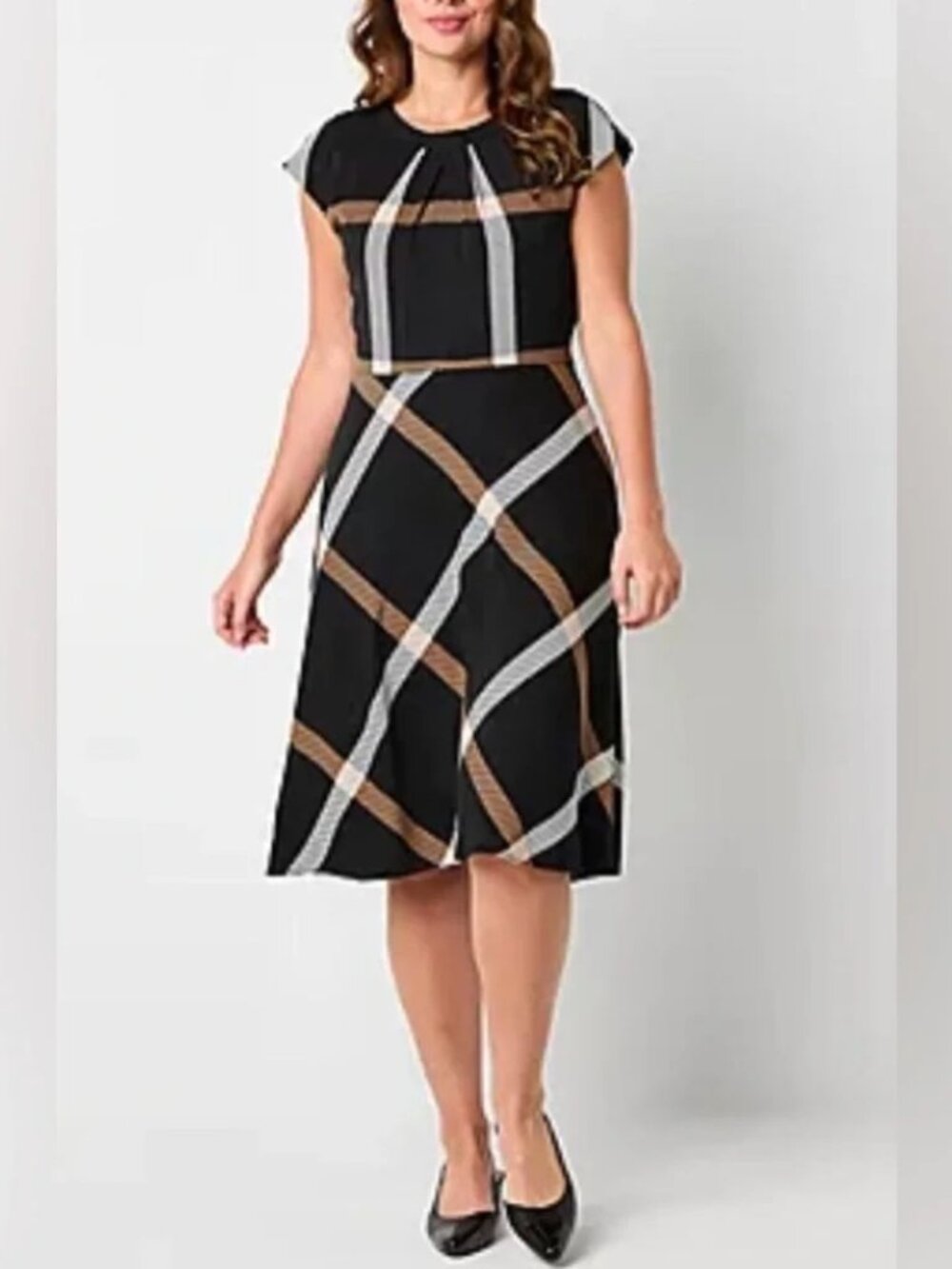 Liz Claiborne plaid midi black brown stripe dress
